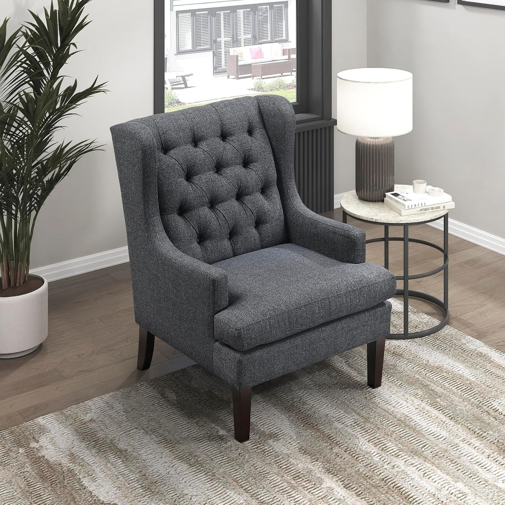 Lexicon Living Room Accent Chair, Textured Fabric Upholstered Reading Chair, Button-Tufted, High Wingback for Living Room/Bedroom/Office, Charcoal