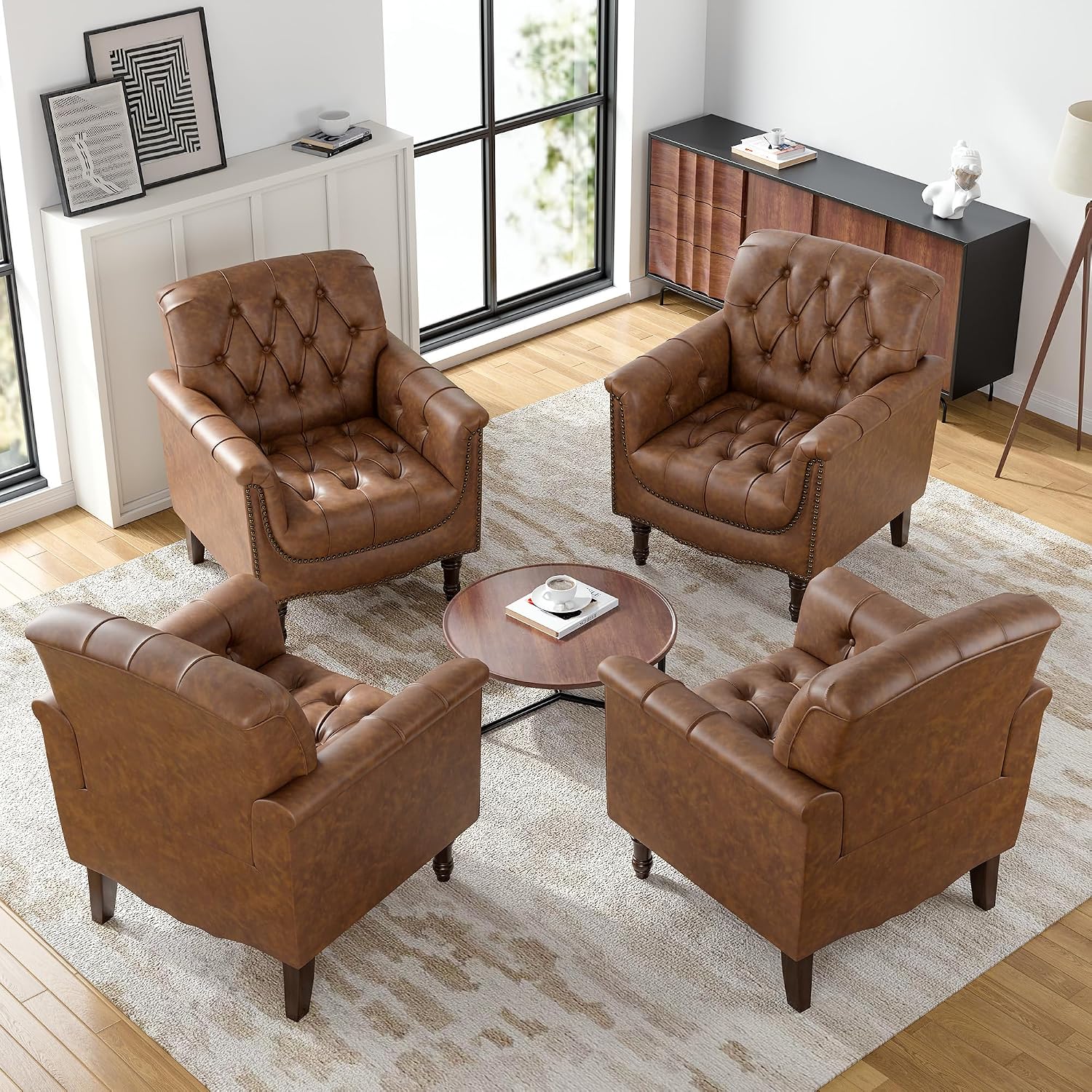 Lumibee Faux Leather Accent Chairs Set of 4, Upholstered Armchairs with Nailhead Trims & Wood Legs for Living Room, Bedroom, Contemporary Comfy Club Chairs for Office-Brown