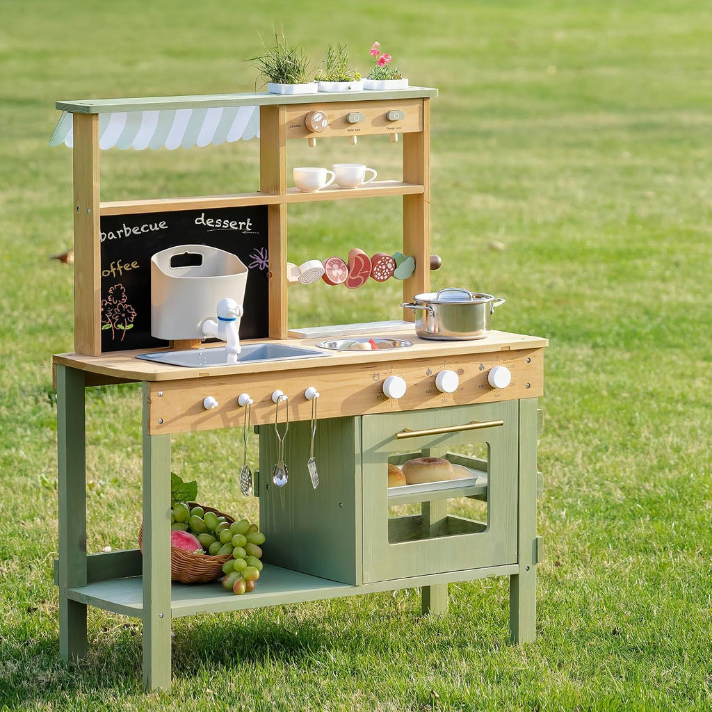 ROBOTIME Wooden Mud Kitchen for Kids, Outdoor Playset with Sink, BBQ Grill, Coffee Maker, Planting Area & Oven, Pretend Play Mud Kitchen Toy for 3+ Years Old Children