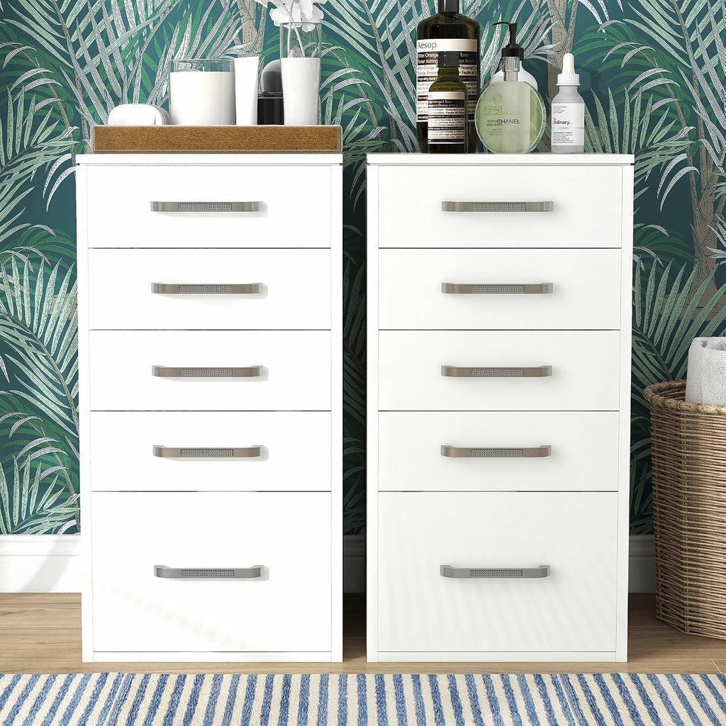24/7 Shop at Home Alez Modern Wood 5 Drawers Makeup Vanity Dresser, Set of 2 for Bedroom, Dressing Room, Bathroom, Guest Room, White
