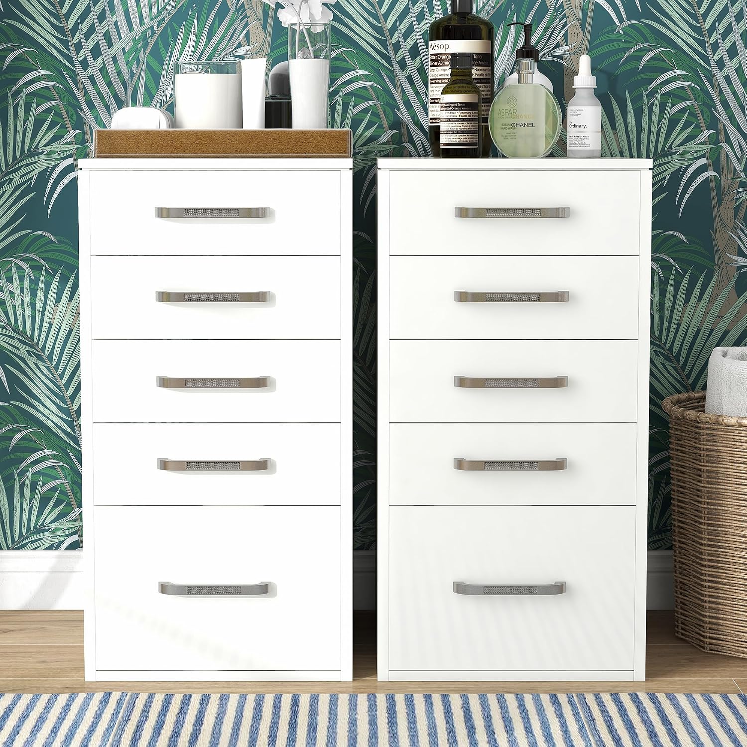 24/7 Shop at Home Alez Modern Wood 5 Drawers Makeup Vanity Dresser, Set of 2 for Bedroom, Dressing Room, Bathroom, Guest Room, White