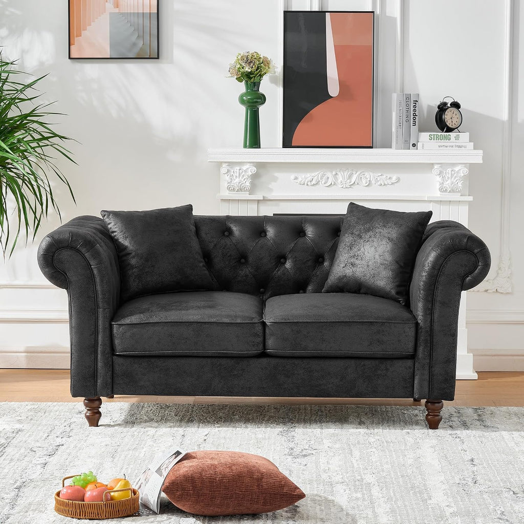 GDFStudio 66' Chesterfield Tech Loveseat Sofa Couch, Mid Century Modern 2 Seat Sofa & Couches with Pillows, Roll Armrest Upholstered Couch for Living Room Apartment Office Home Seating, Black