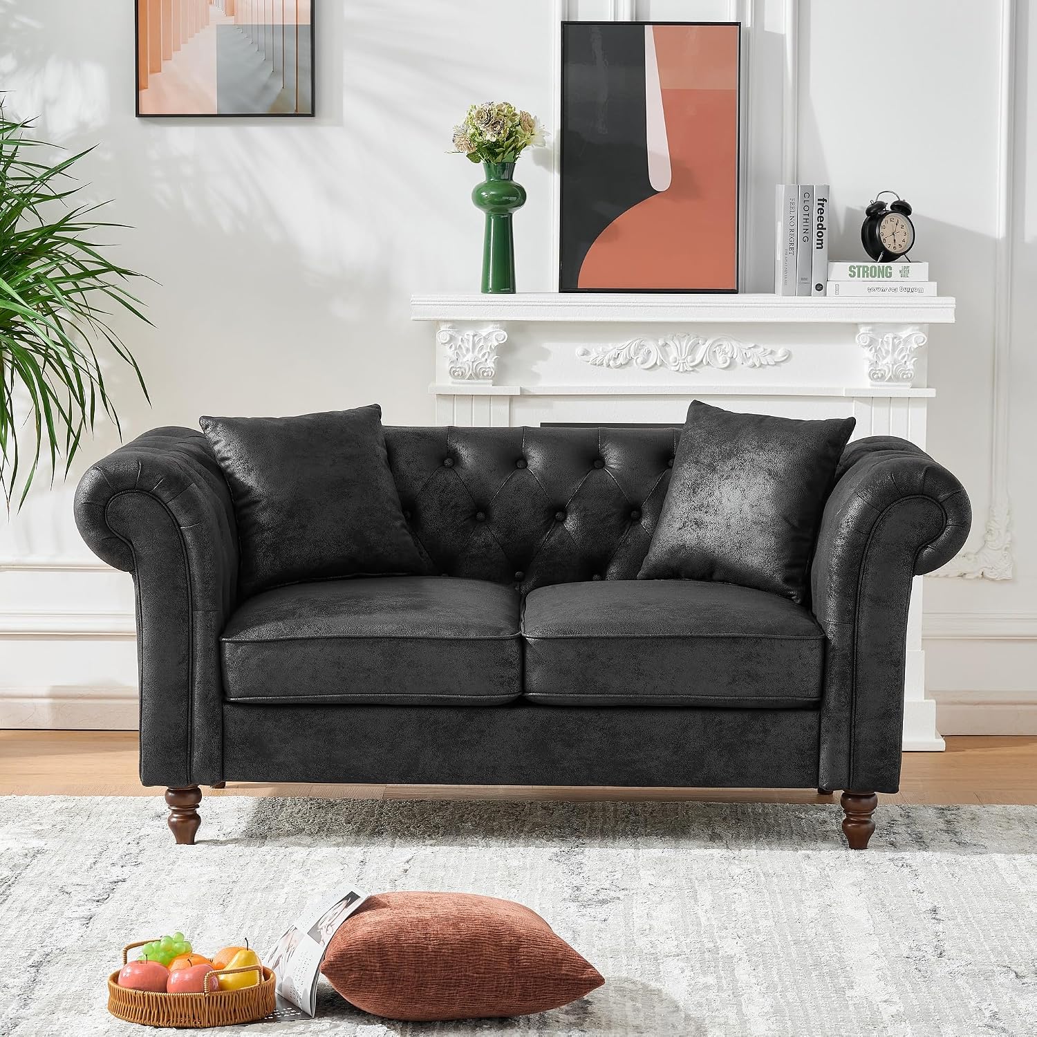 GDFStudio 66' Chesterfield Tech Loveseat Sofa Couch, Mid Century Modern 2 Seat Sofa & Couches with Pillows, Roll Armrest Upholstered Couch for Living Room Apartment Office Home Seating, Black