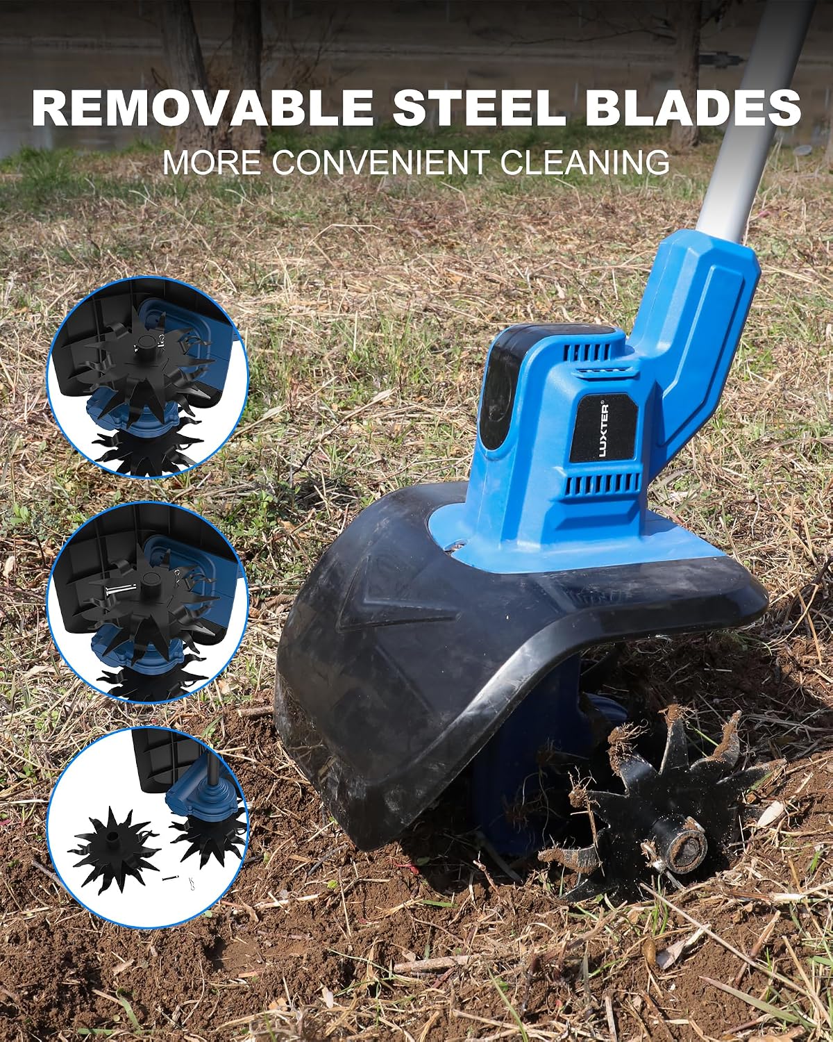 LUXTER Cordless Tiller Cultivator, 300RPM Electric Garden Tiller with 2×4.0Ah Batteries & Fast Charger, Brushless Motor, 9' Tilling Width 6.6' Depth Rototiller for Gardening Soil Cultivation