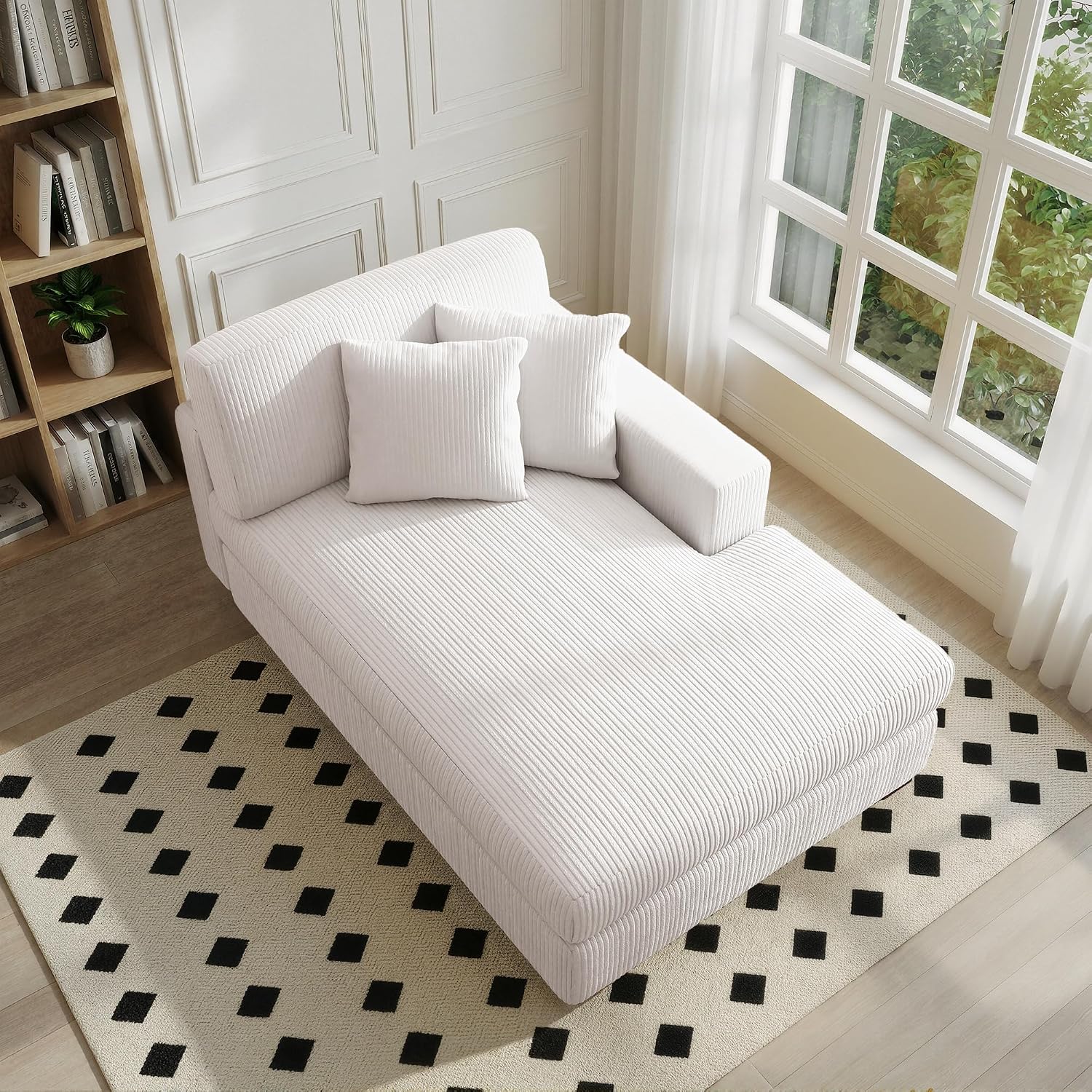 Oversized Chaise Lounge Chair Indoor, Corduroy Upholstered Sofa Bed for Living Room, Comfy Sleeper Couch Bedroom Reading Seat with Wood Frame - Beige, Left Armrest