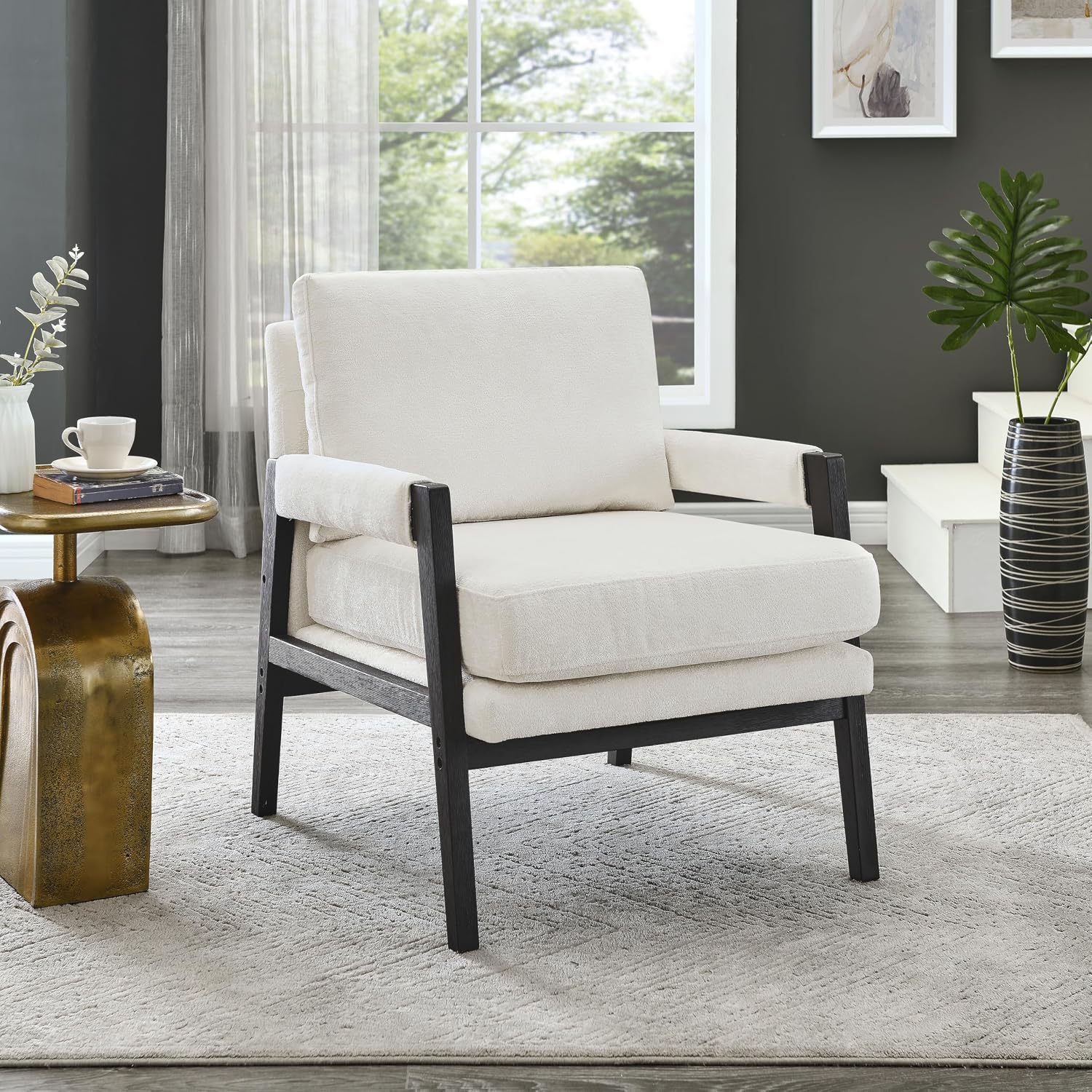 Roundhill Furniture Kelly Mid-Century Modern Chenille Upholstered Accent Armchair, White