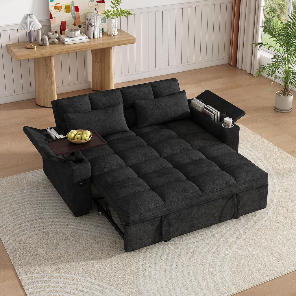 KEIKI 65' Sleeper Sofa Bed, 3-in-1 Pull Out Couch with Adjustable Backrest, 90° Rotating Side Table, USB & Type-C Charging Ports, Hidden Storage Armrests, Space Saving Sofa for Apartment Guests