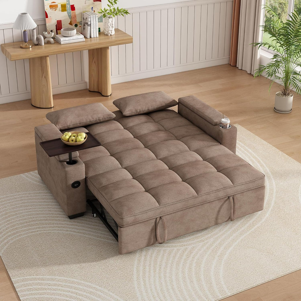 KEIKI 65' 3-in-1 Pull-Out Sofa Bed, Compact Convertible Sleeper Couch with Rotating Side Table, USB Charging Ports, Storage Armrests & Adjustable Comfort for Guests & Small Living Rooms