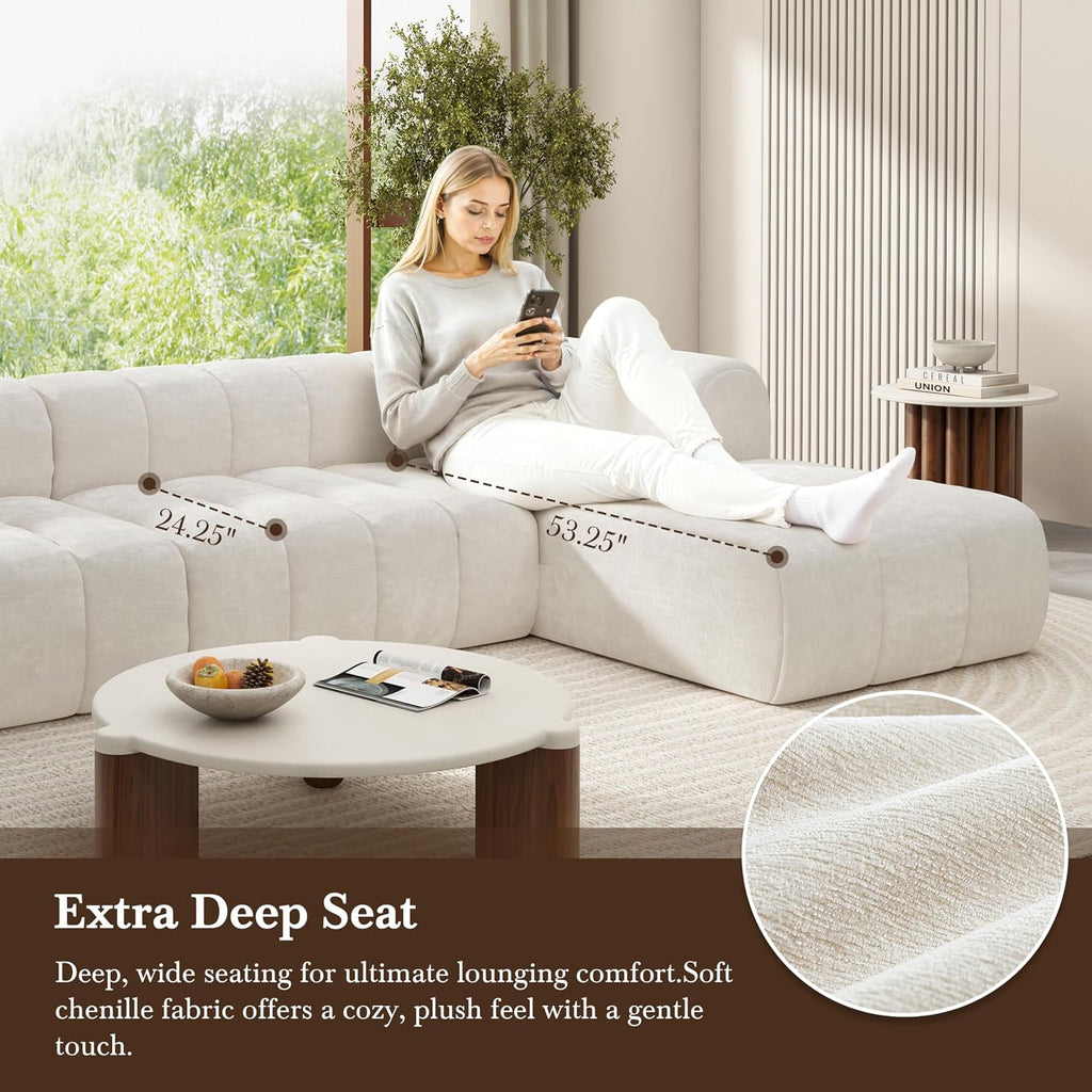 Christopher Knight Home Mania 122' Modular L-Shape Sofa Couch with Chaise Lounge, Modern Sectional Sofa Set for Living Room, Boucle Fabric Upholstered Cloud Couch with Deep Seat, Milky White