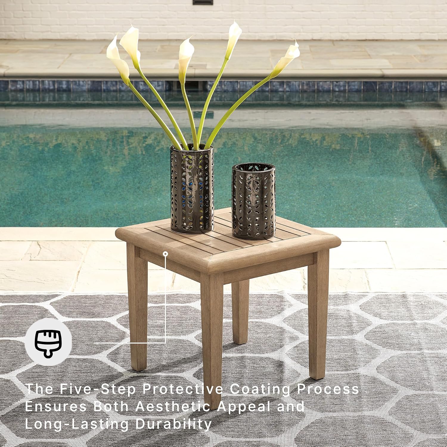 Signature Design by Ashley Gerianne Outdoor Square End Table with Slatting Styling and 5-Step Finishing Process, Eucalyptus Wood Frame, 22' High, Grayish Brown