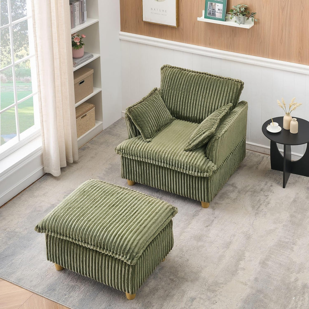 KEIKI Wide Corduroy Sofa Chair with Ottoman, Single Seat Chair Chaise Lounge, Corduroy Sleeper Couch for Living Room, Apartment, Salon, Home Theater, Green