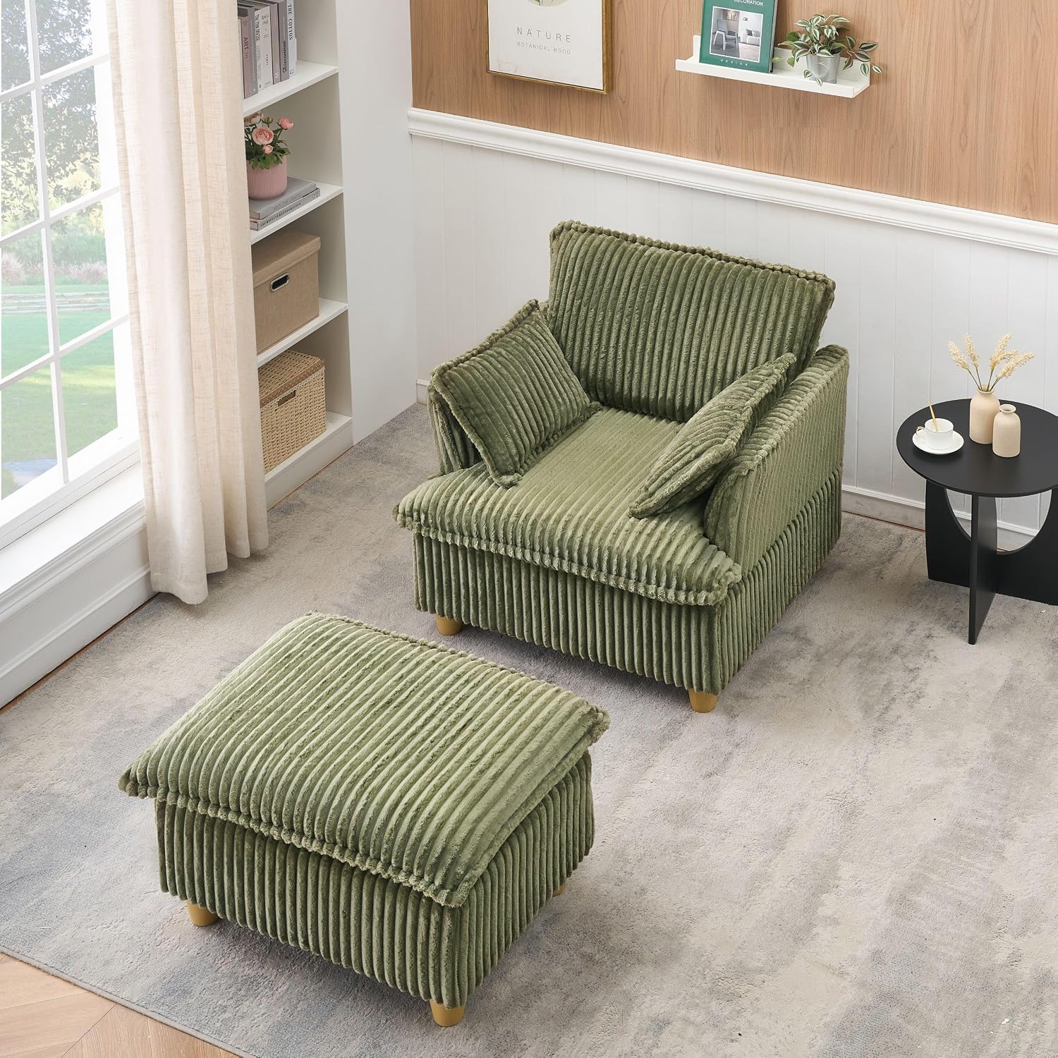 KEIKI Wide Corduroy Sofa Chair with Ottoman, Single Seat Chair Chaise Lounge, Corduroy Sleeper Couch for Living Room, Apartment, Salon, Home Theater, Green