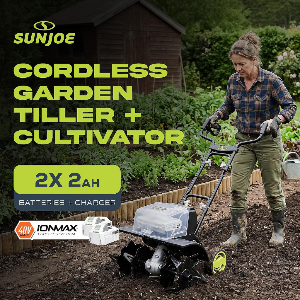 Sun Joe 24V Cordless Garden Tiller Cultivator Kit with Battery and Charger for Weeding, Soil Aeration and Prepping Plant Beds, Black, 24V-X2-TLR14