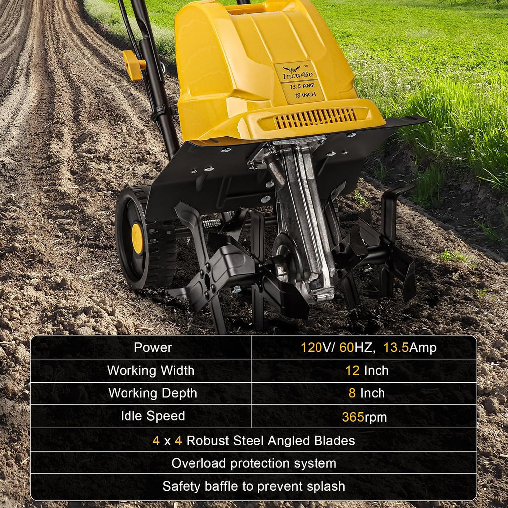 IncwBo Electric Tiller/Cultivator 4 Steel Tines, 8'' Tilling Depth Garden Roto Tillers for Gardening, 13.5 Amp 12 Inch Corded Rototiller with Adjustable Wheels, Yellow