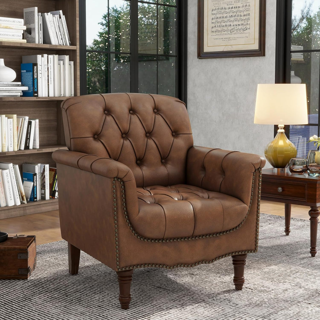 Lumibee Faux Leather Armchair, Contemporary Accent Chair with Nailhead Trims & Wood Legs for Living Room, Upholstered Comfy Arm Chair for Office,Bedroom-Brown