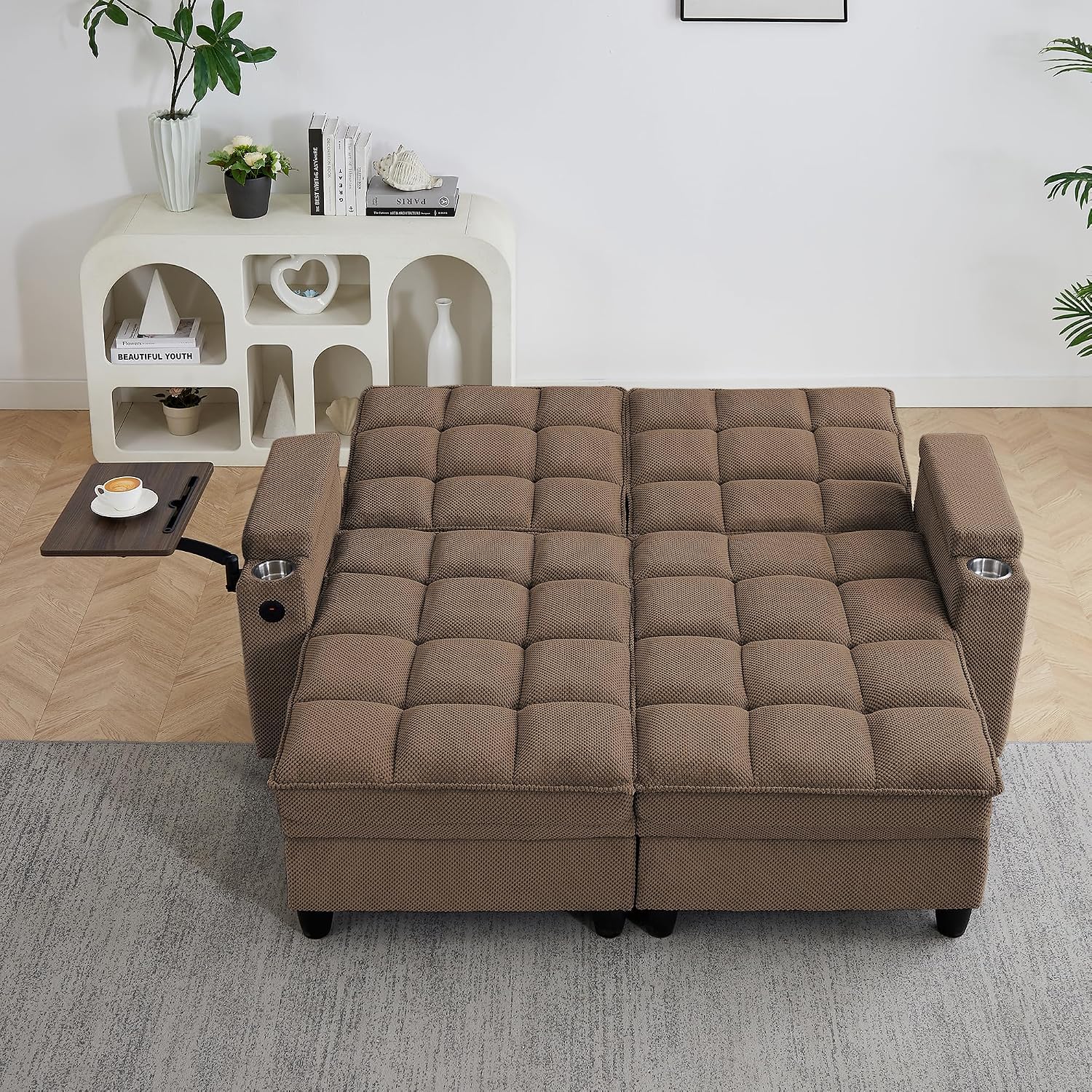 Eafurn Double Chaise Lounge Convertible Sleeper Chair Sofabed W/Storage and 6-Position Reclining Backrest, Modern Tufted Recliner Lounge Chaise Couch with Swivel Table & USB for Living Room