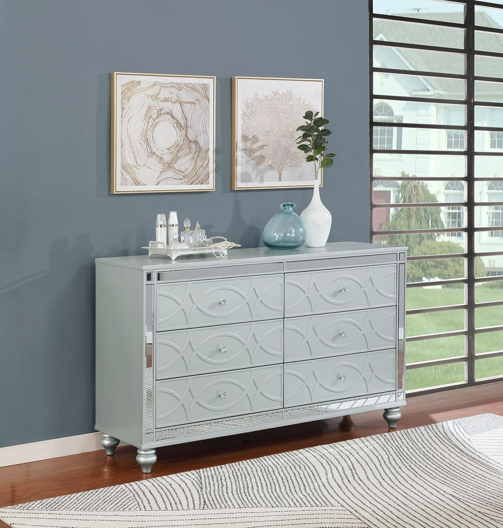 Coaster Home Furnishings - Gunnison - 6-Drawer Dresser with Modern Classic Style, Crystal-Like Pulls, Felt-Lined Top, Fretwork Panel Overlays - Bedroom - Silver Metallic - 223213