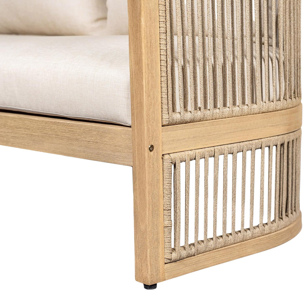Christopher Knight Home Faine Acacia Wood Outdoor Loveseat Sofa, Patio Loveseat Furniture Set for 2 Seaters, Tub Design Patio Outdoor Sofa Couch with Woven Rope and Removable Cushion, Light Teak+Beige