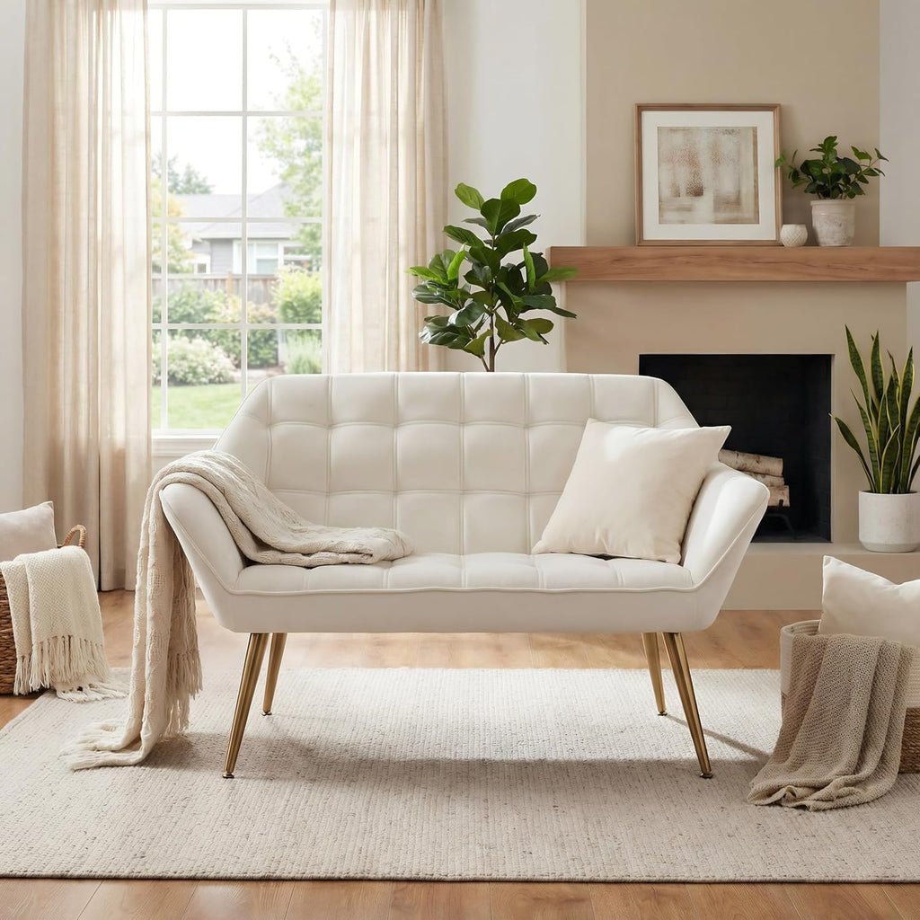 48'Small Loveseat Sofa, Modern Velvet Upholstered Mini Couch 2-Seater Fluffy Love Seat with Quilting Backs and Metal Legs for Small Space Living Room, Bedroom, Beige