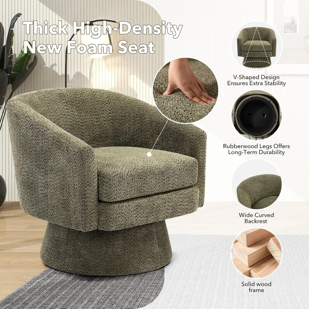360° Swivel Barrel Accent Chair, Modern Chenille Upholstered Armchair with Curved Back, Soft Cushion & Arms, Wooden Frame, Storage Pocket, Comfy Reading Lounge Chair for Living Room, Bedroom, Office