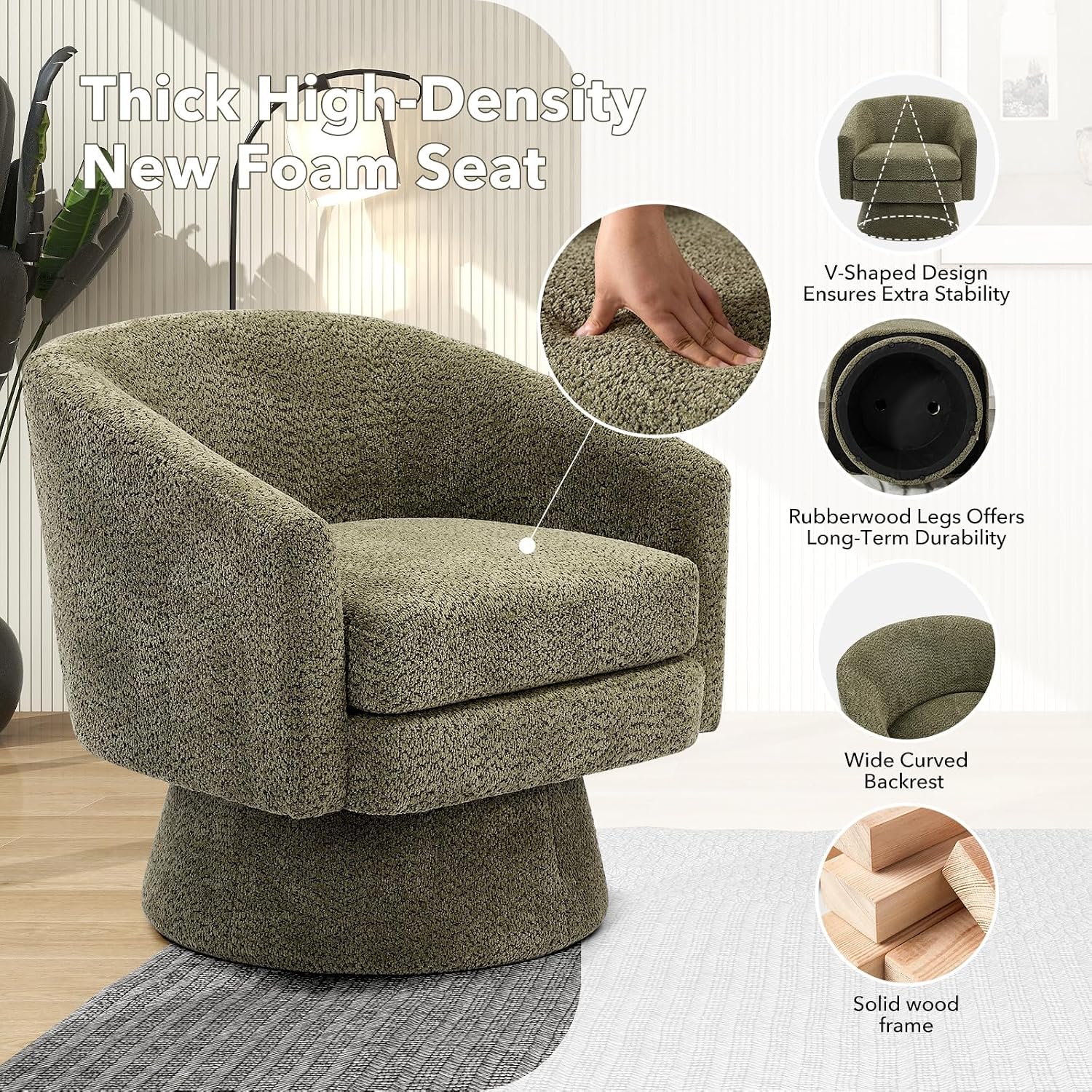 360° Swivel Barrel Accent Chair, Modern Chenille Upholstered Armchair with Curved Back, Soft Cushion & Arms, Wooden Frame, Storage Pocket, Comfy Reading Lounge Chair for Living Room, Bedroom, Office