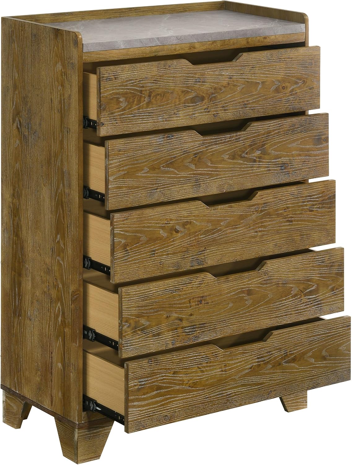 Coaster Home Furnishings - Henderson - Wood - 5-Drawer Chest with Faux Marble Top, Rustic Design, Finger-Tip Pulls, Tapered Legs and Veining Detail - Bedroom - Medium Oak - 222975