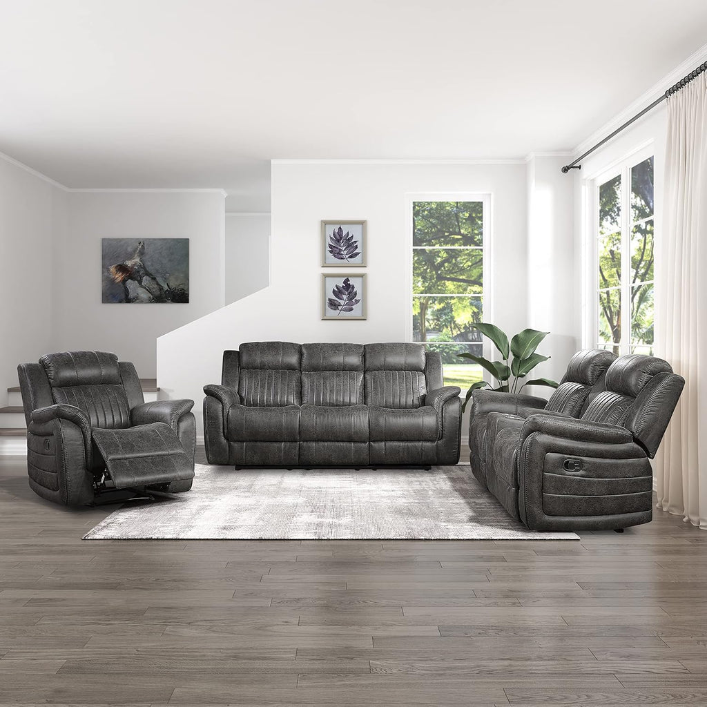 Lexicon Recliner Living Room Set, Home Theater Seating, Manual Polished Microfiber Upholstery Sofas, RV Couch Including Double Recliner Sofa, Loveseat and Chair, 3-Piece Set, Brownish Gray