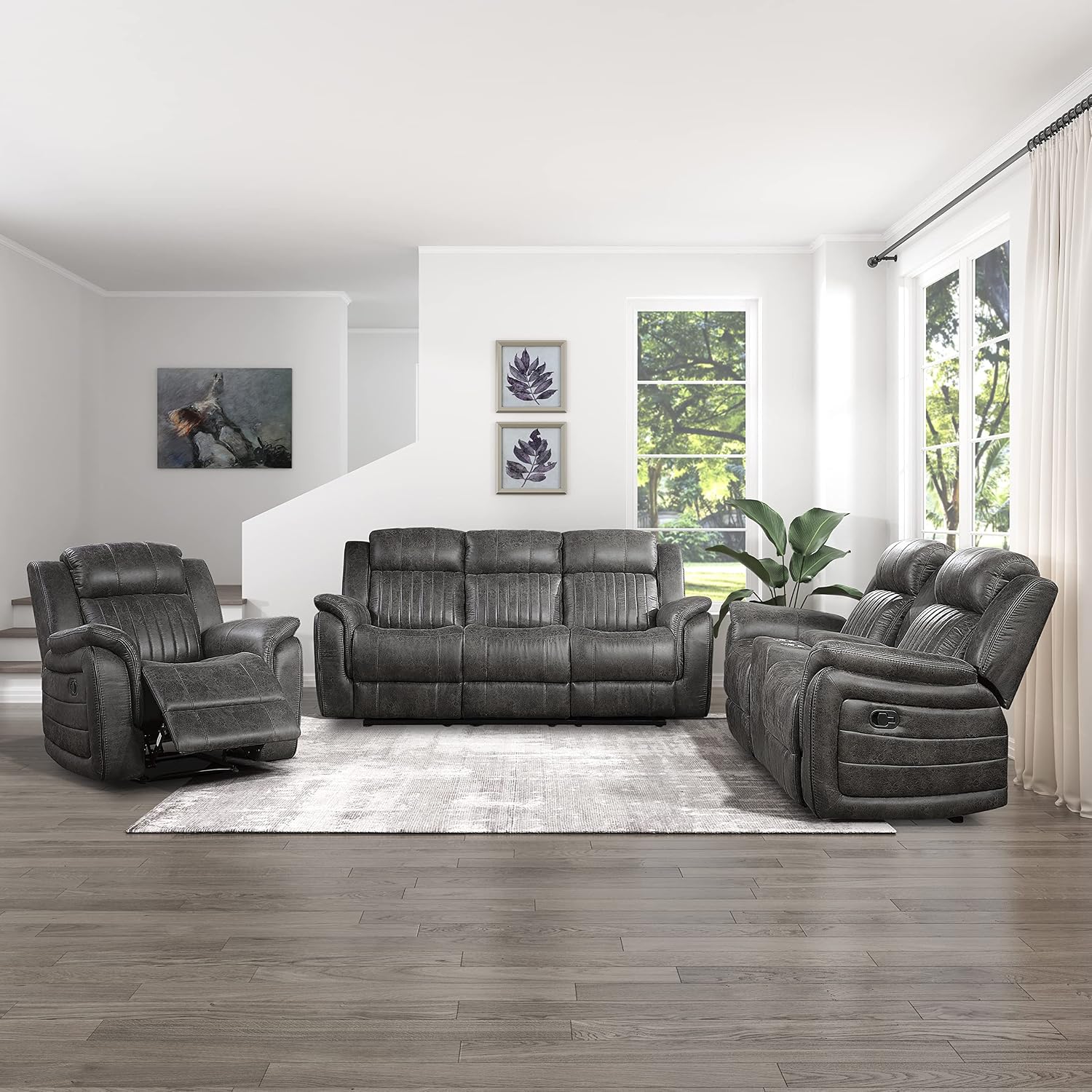 Lexicon Recliner Living Room Set, Home Theater Seating, Manual Polished Microfiber Upholstery Sofas, RV Couch Including Double Recliner Sofa, Loveseat and Chair, 3-Piece Set, Brownish Gray