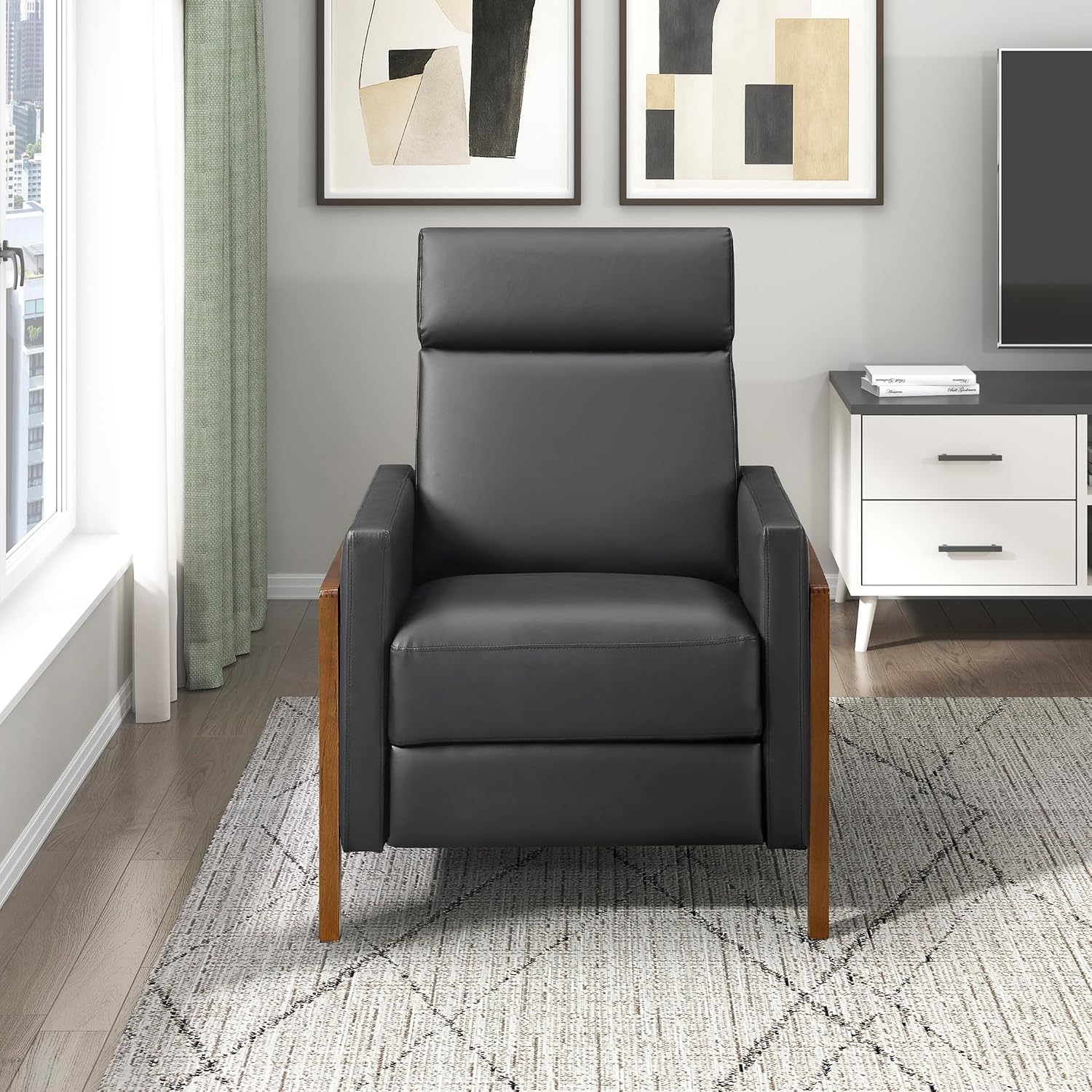 Lexicon Push Back Recliner Chair, Faux Leather Upholstered Reclining Chair with Footrest, Exposed Dark Brown Finish Wood Frame, Small Recliner for Small Space, Living Room, Bedroom, Black