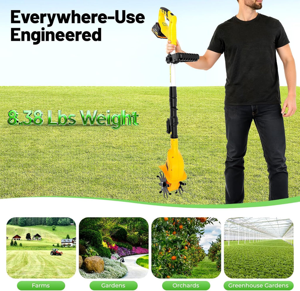 Cordless Tilling Machine, Handheld Tiller Cultivator with 2 Blades, 38.19-46.06in Adjustable Telescoping Pole, for Plowing, Weeding, Gardening, Cultivation (2 Blades)