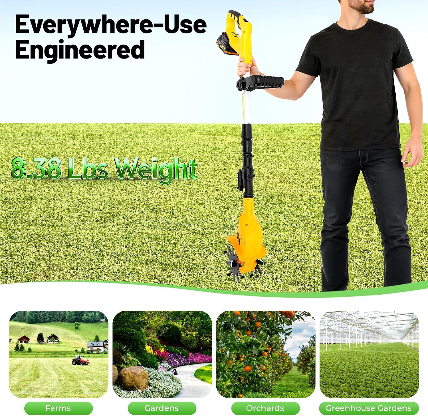 Cordless Tilling Machine, Handheld Tiller Cultivator with 2 Blades, 38.19-46.06in Adjustable Telescoping Pole, for Plowing, Weeding, Gardening, Cultivation (2 Blades)