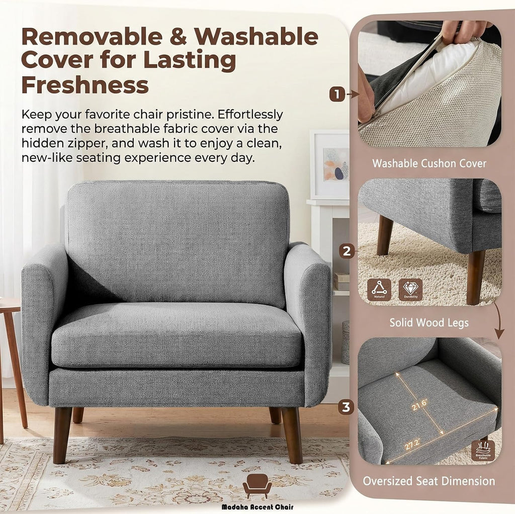 Oversized Accent Chair for Living Room, 37' Mid-Century Modern Comfy Reading Chair, Linen Fabric Solid Wood Frame Armchair, Upholstered Grey Bedroom Accent Chairs Set of 2 for Adults