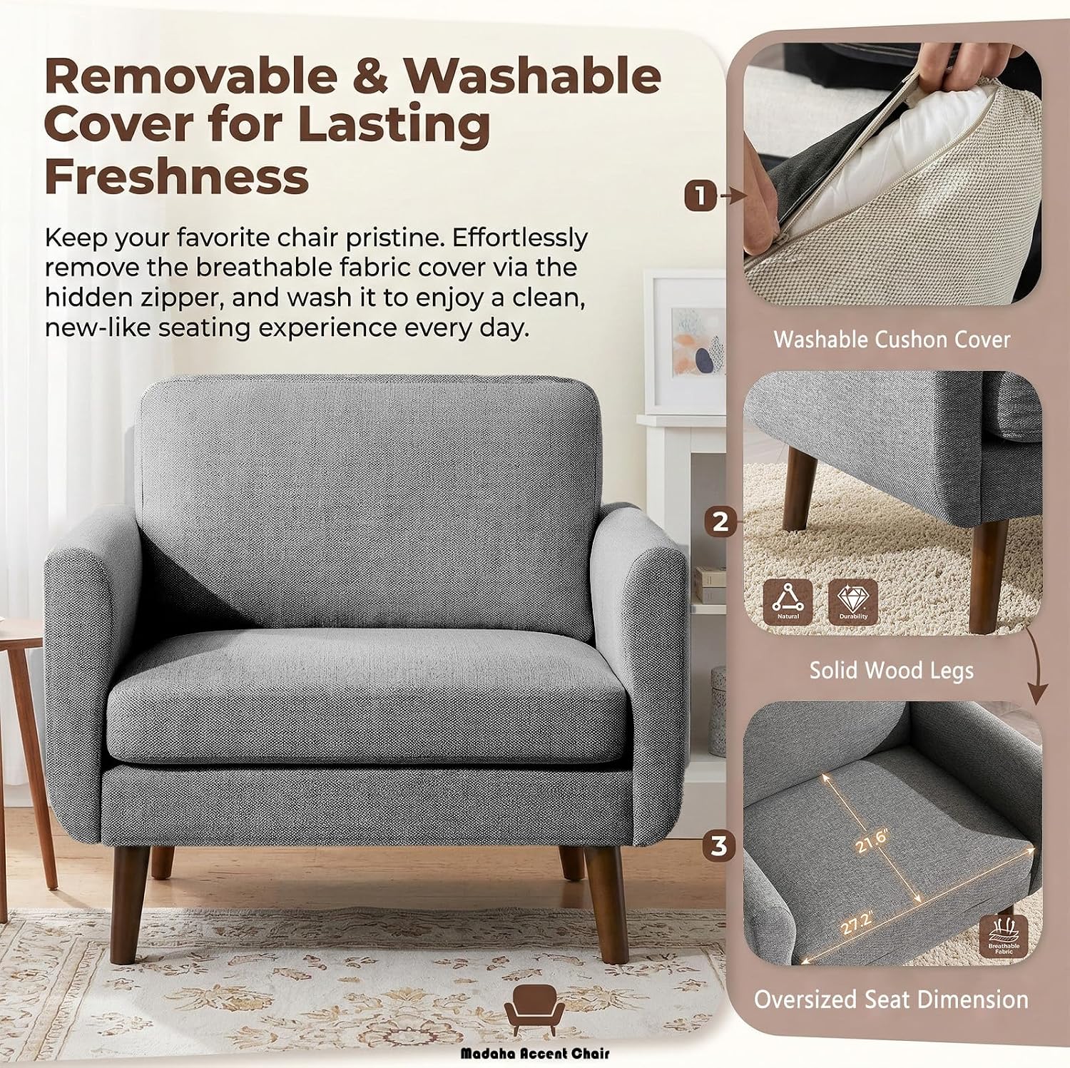 Oversized Accent Chair for Living Room, 37' Mid-Century Modern Comfy Reading Chair, Linen Fabric Solid Wood Frame Armchair, Upholstered Grey Bedroom Accent Chairs Set of 2 for Adults