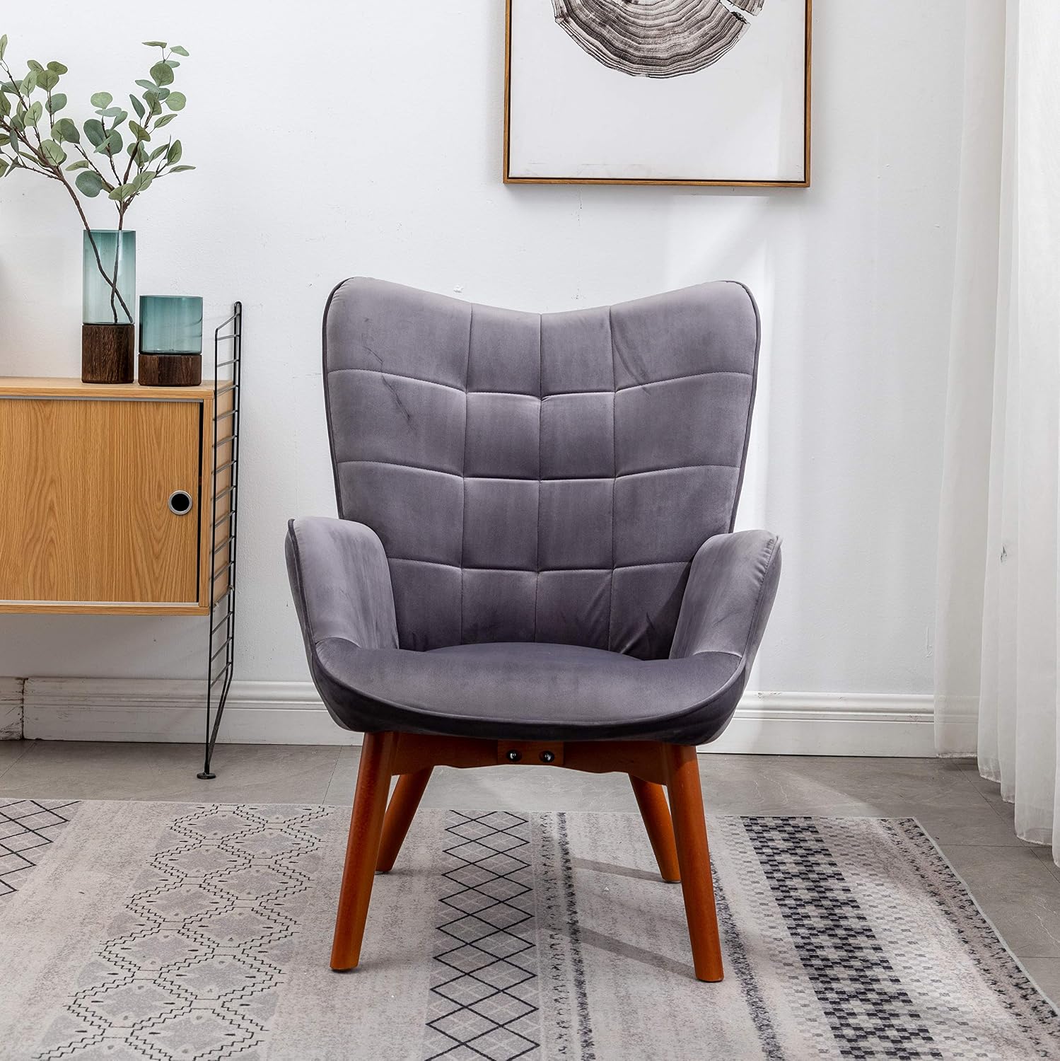 Roundhill Furniture Leiria Contemporary Silky Velvet Tufted Accent Chair with Ottoman, Gray