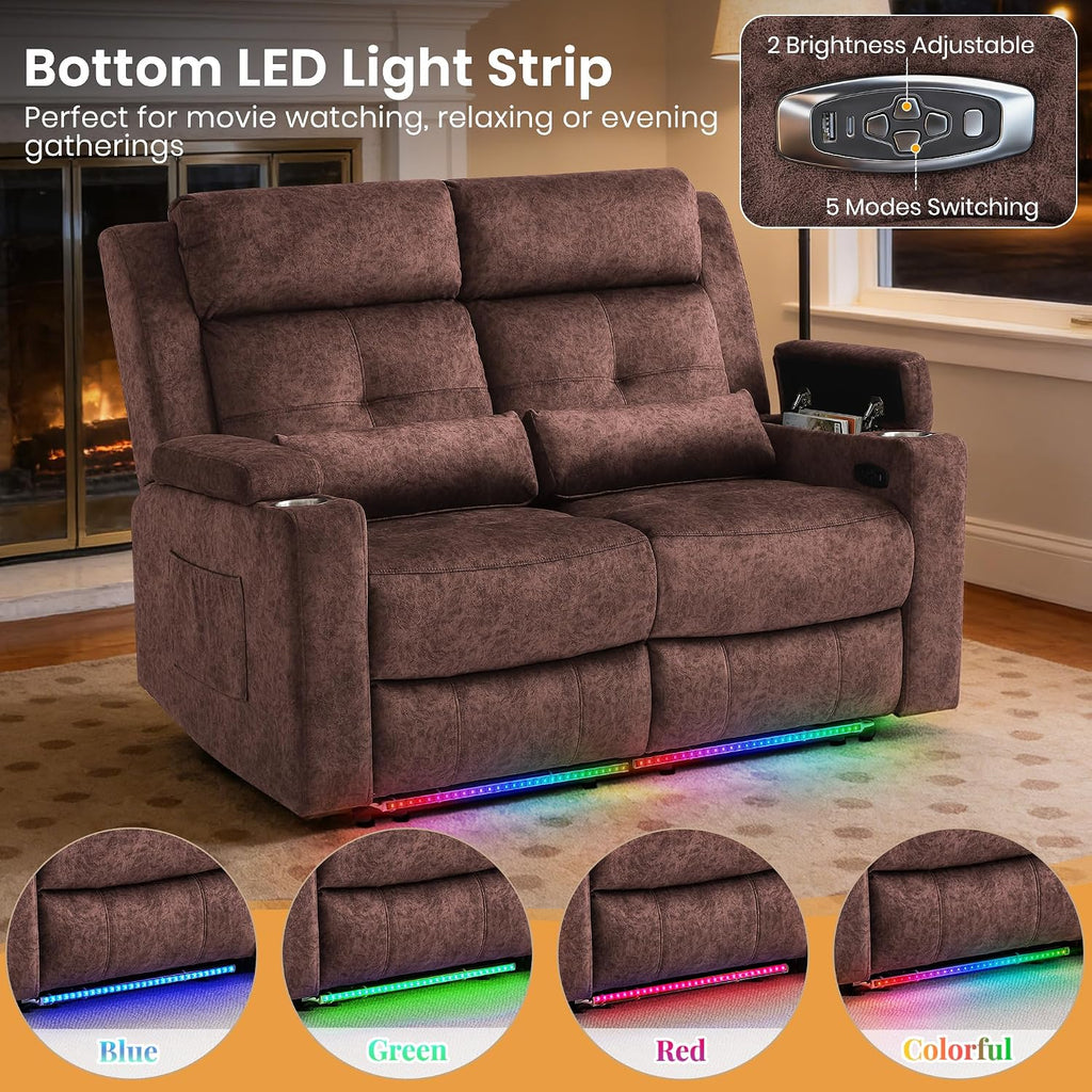 Power Reclining Loveseat with LED Lights/Arm Storage, Wall Hugger Loveseat Recliner with USB Ports, 2 Cushions, Power Loveseat Sofa for Living Room, Home, RV Camper(Brown, 2 Seat)