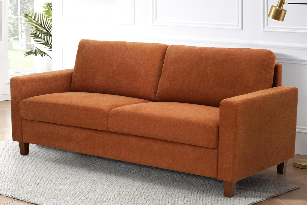 Container Furniture Direct Miles Mid Century Modern Couch for Small Spaces, Living Rooms, Apartments, and Condos, 3 Seater Sofa with Reversible Back Pillows, 77' Wide, Orange