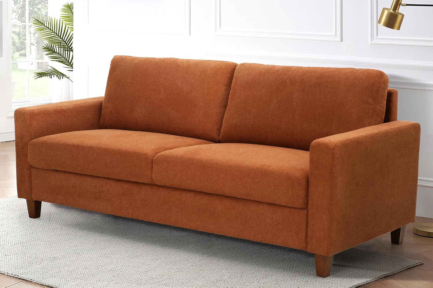 Container Furniture Direct Miles Mid Century Modern Couch for Small Spaces, Living Rooms, Apartments, and Condos, 3 Seater Sofa with Reversible Back Pillows, 77' Wide, Orange