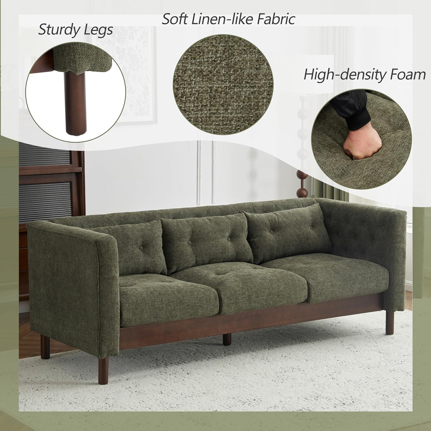 Christopher Knight Home Marloo 3 Seater Sofa Couch, Upholstered Couch, Linen-Like Tufted Back Sofa with Arm Rest, Rubberwood Legs, 78' Spacious Seating for Living Room Home Rest, Dark Green