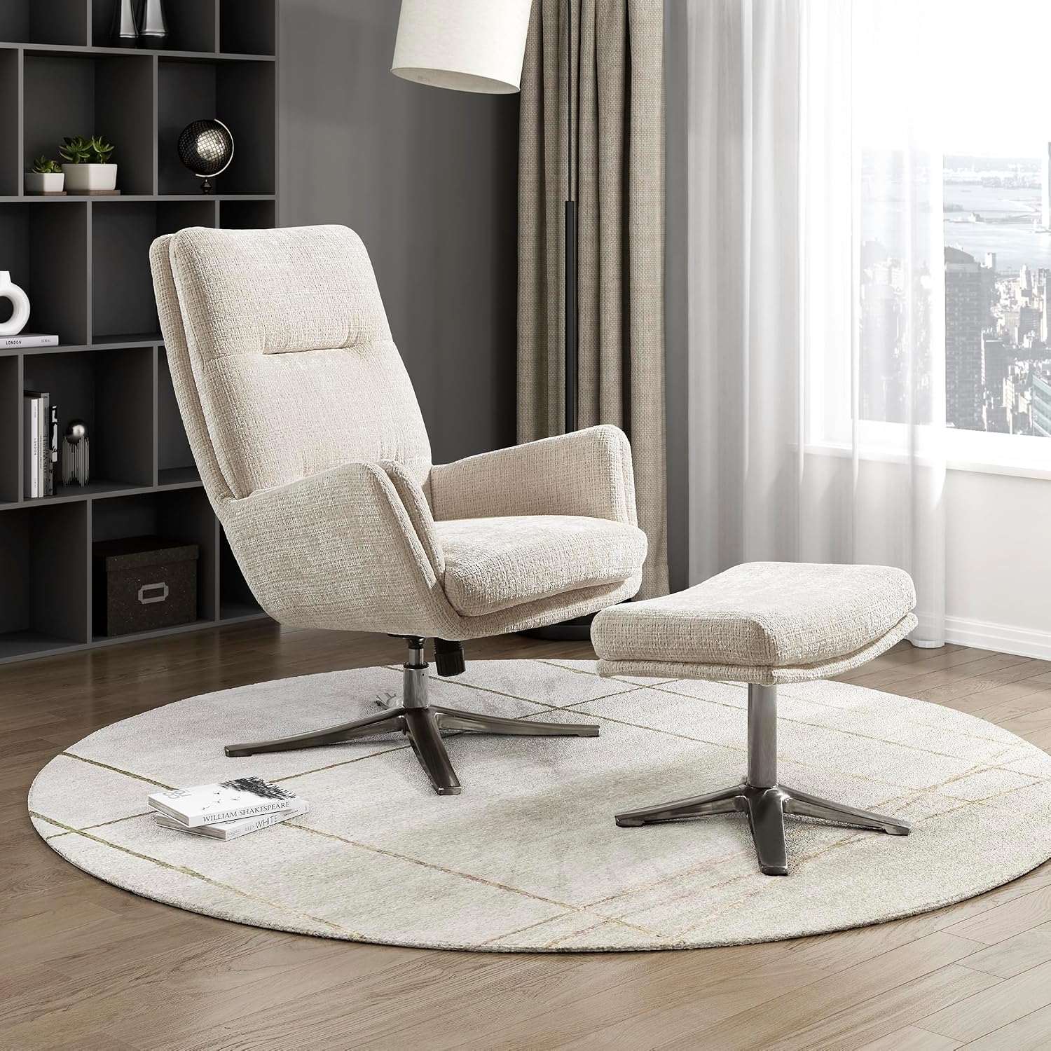 Lexicon 360 Degree Swivel Accent Chair with Ottoman, Chenille Upholstered Swivel Lounge Chair with Armrest, Criss-Cross Legs and Footstool for Living Room/Office/Bedroom, Beige