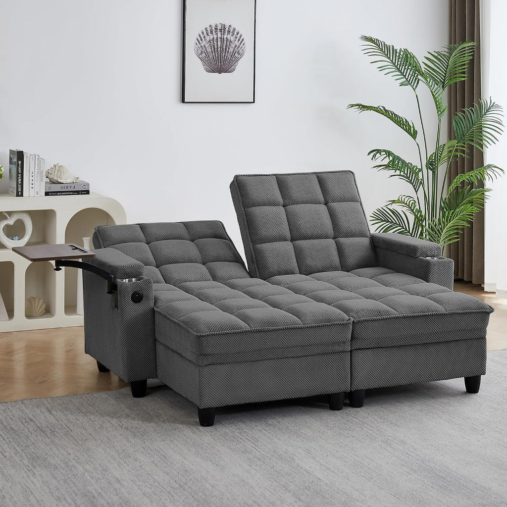Eafurn Double Chaise Lounge Convertible Sleeper Chair Sofabed W/Storage and 6-Position Reclining Backrest, Modern Tufted Recliner Lounge Chaise Couch with Swivel Table & USB for Living Room