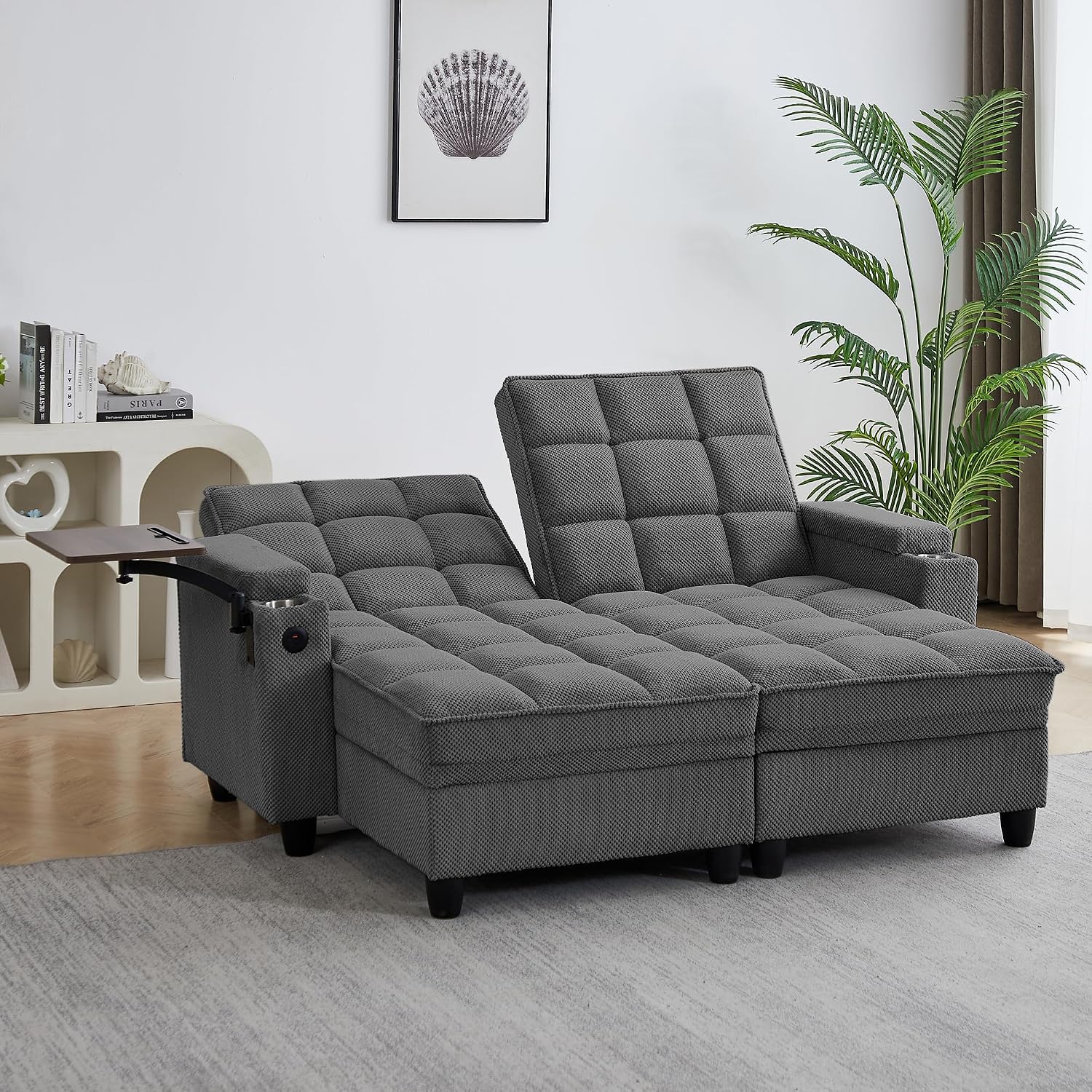 Eafurn Double Chaise Lounge Convertible Sleeper Chair Sofabed W/Storage and 6-Position Reclining Backrest, Modern Tufted Recliner Lounge Chaise Couch with Swivel Table & USB for Living Room