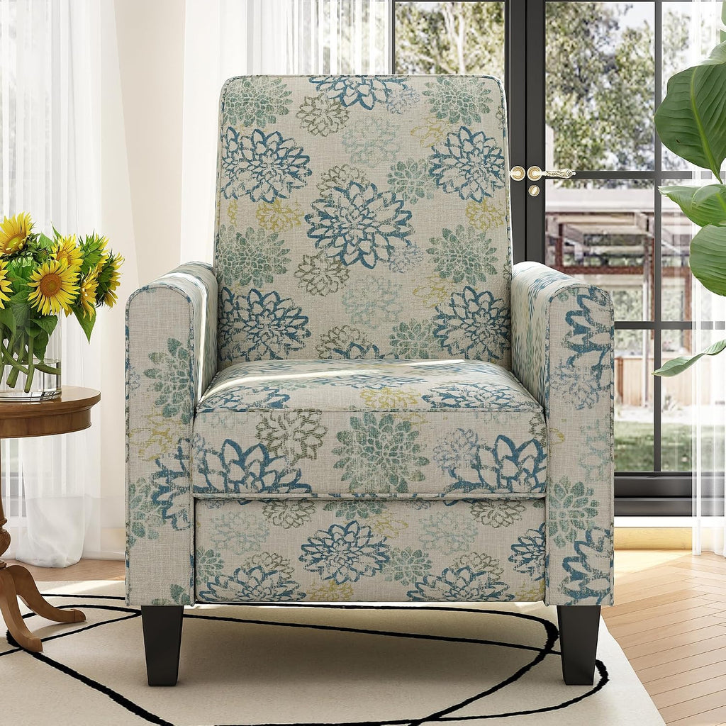 Christopher Knight Home Kenley Modern Fabric Upholstered Push Back Recliner Chair, Wooden Gliding Home Theater Seating, Comfy Reading Chair, Deep Seating Single Sofa Accent Chair, Mixed Blue