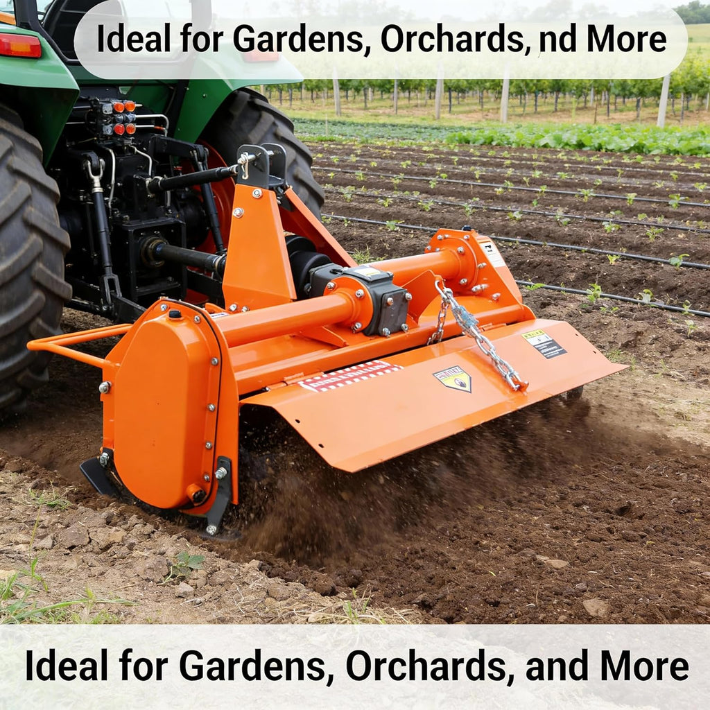49' 3 Point Rotary Tiller for 20-30HP Compact Tractors – Cat 1 Cultivator with 540 RPM PTO Drive, 28 Replaceable L-Shaped Tines for Wider Coverage (49')