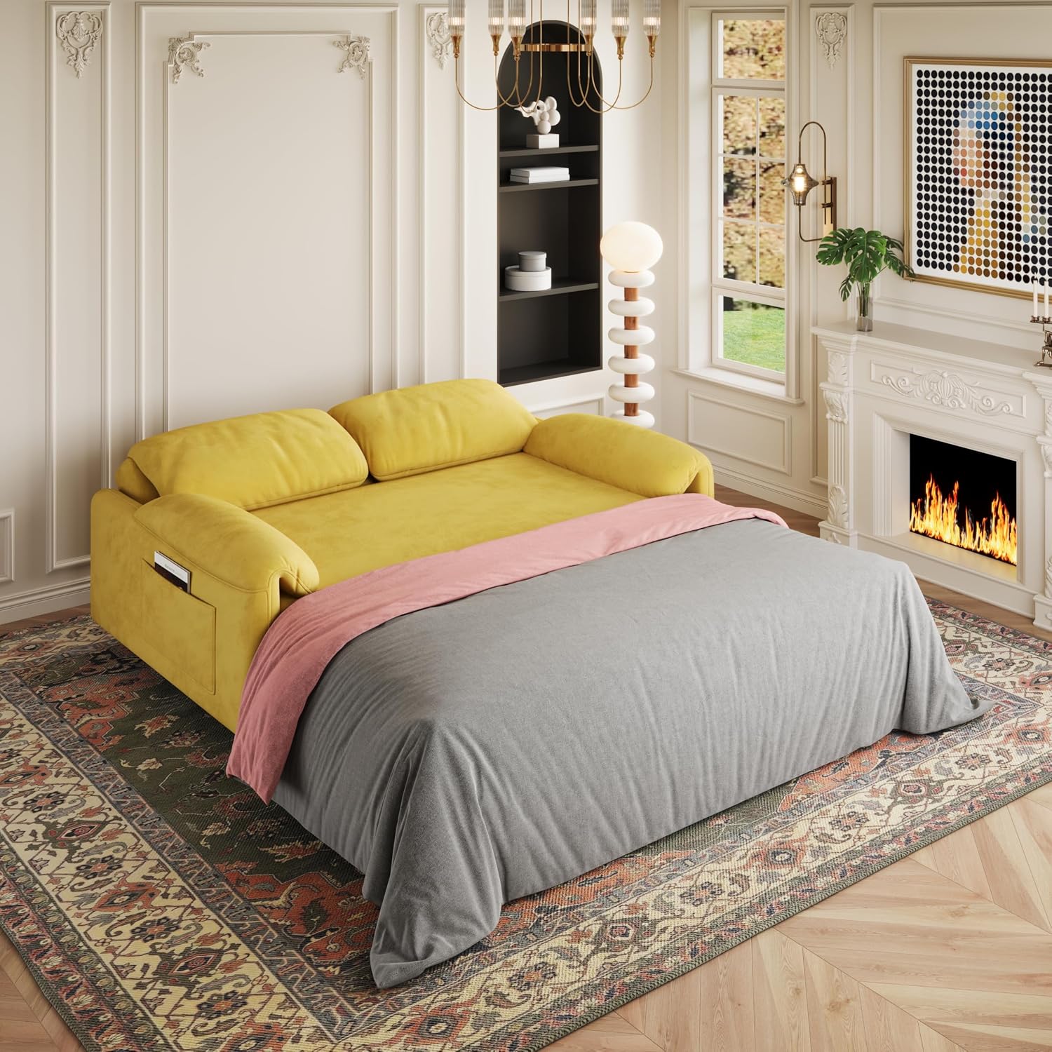 KEIKI Velvet 3 in 1 Convertible Full Sofa Bed with Pull-Out Sleeper, Adjustable Backrest, Side Pockets & Recliner Function, Space-Saving Sofa for Small Rooms, Yellow