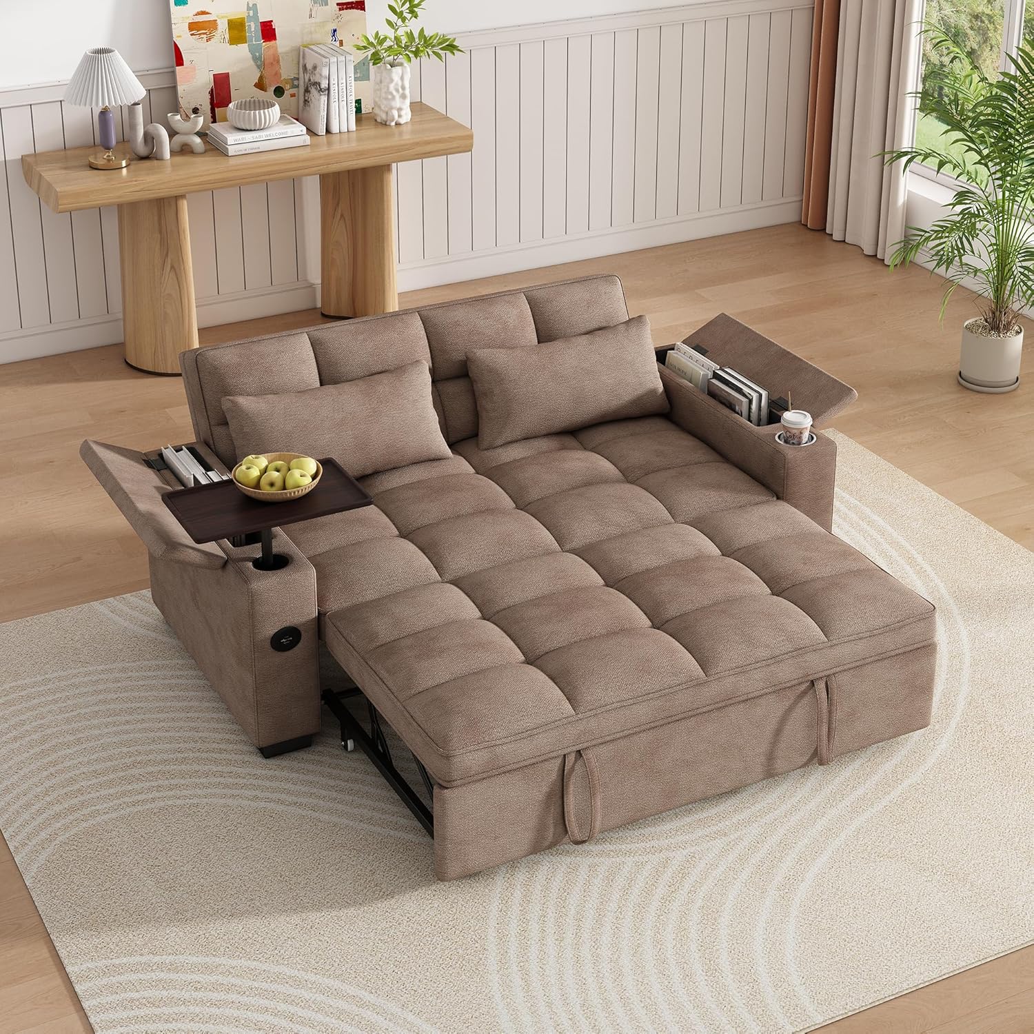 KEIKI 65' 3-in-1 Pull-Out Sofa Bed, Compact Convertible Sleeper Couch with Rotating Side Table, USB Charging Ports, Storage Armrests & Adjustable Comfort for Guests & Small Living Rooms