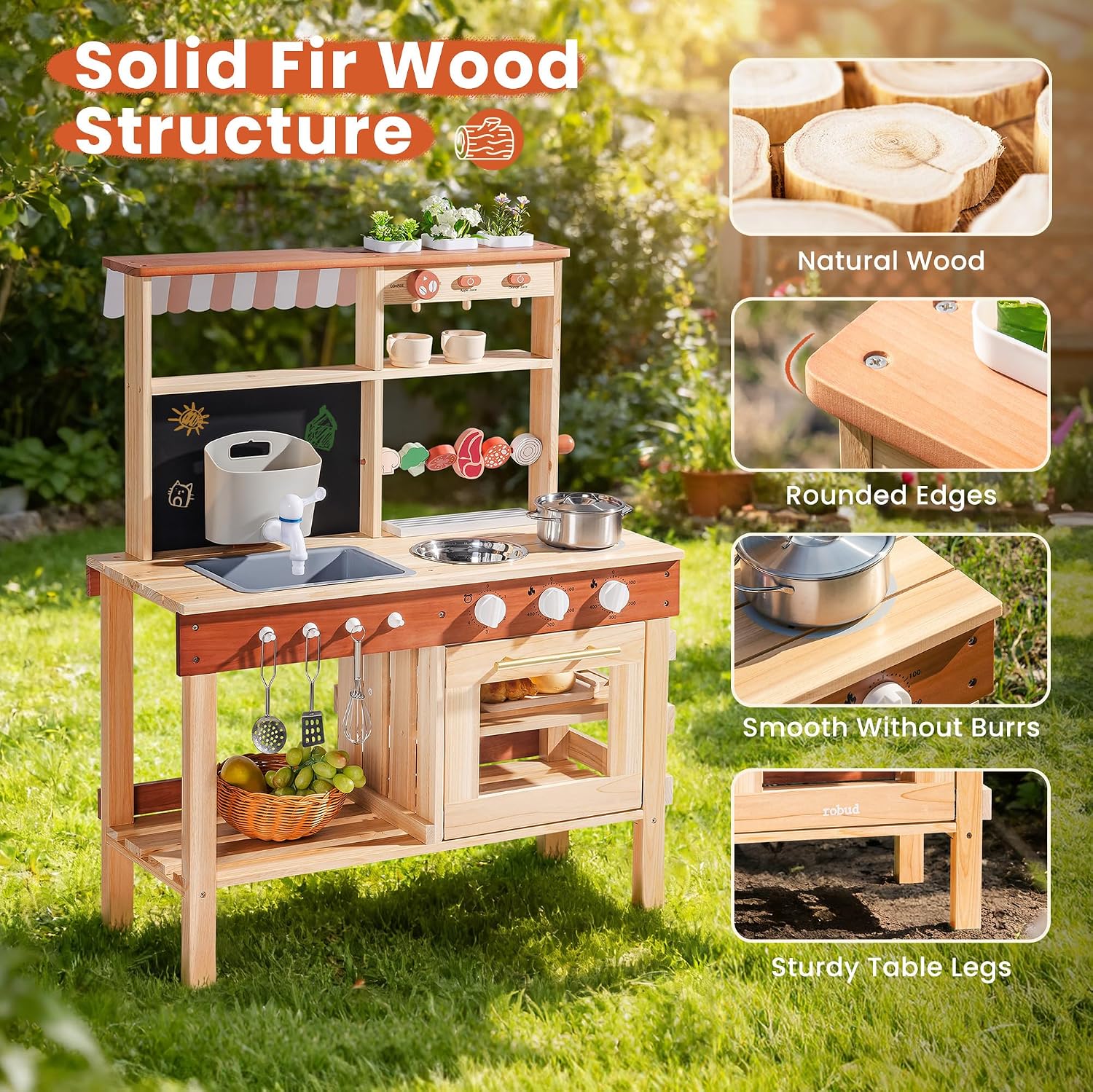 ROBOTIME Kids Mud Kitchen, Wooden Mud Kitchen for Kids Outdoor with Real Water Play Sink, BBQ Grill, Coffee Maker & Planting Station, Large Storage Outdoor Play Kitchen, Kitchen Toys for Ages 3+