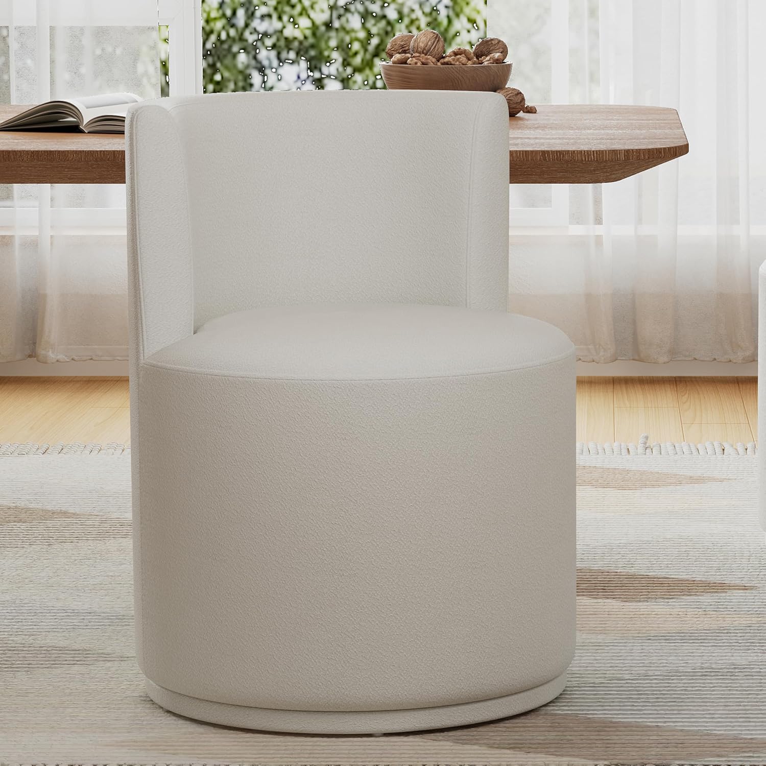 Christopher Knight Home Silla Modern Upholstered 360° Swivel Accent Chair, Wooden Living Room Slipper Chair with Rotation, Comfy Reading Chair for Bedroom, Light Beige
