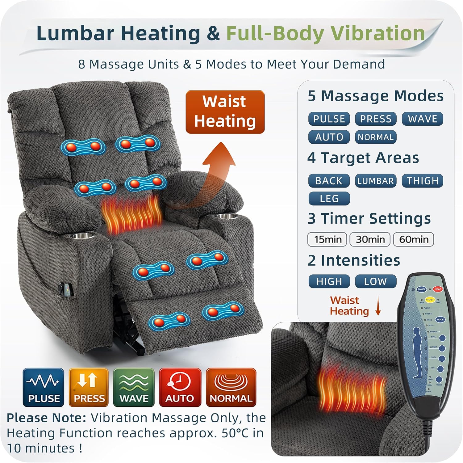 Power Lift Recliner Chair for Elderly, Overstuffed Back Lift Chair with Massage/Heat, Power Recliner Lay Flat 160° Cup Holders for Living Room（Grey）