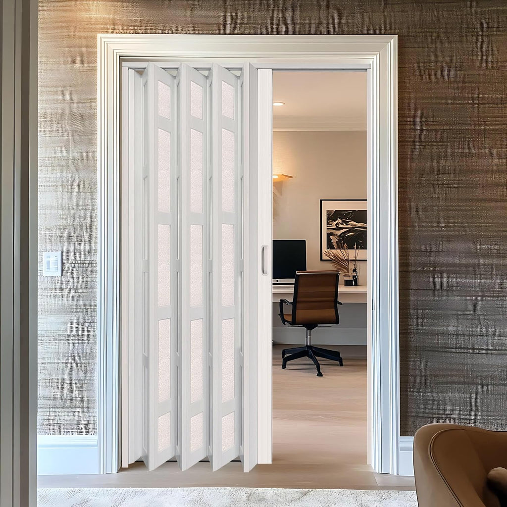 DIYHD 48X96in Glass Accordion Door, Double-Layer PVC Folding Door with Frosted Acrylic Panel for Privacy & High Light Transmission – Ideal for Large Openings, Space-Saving Closet & Room Divider