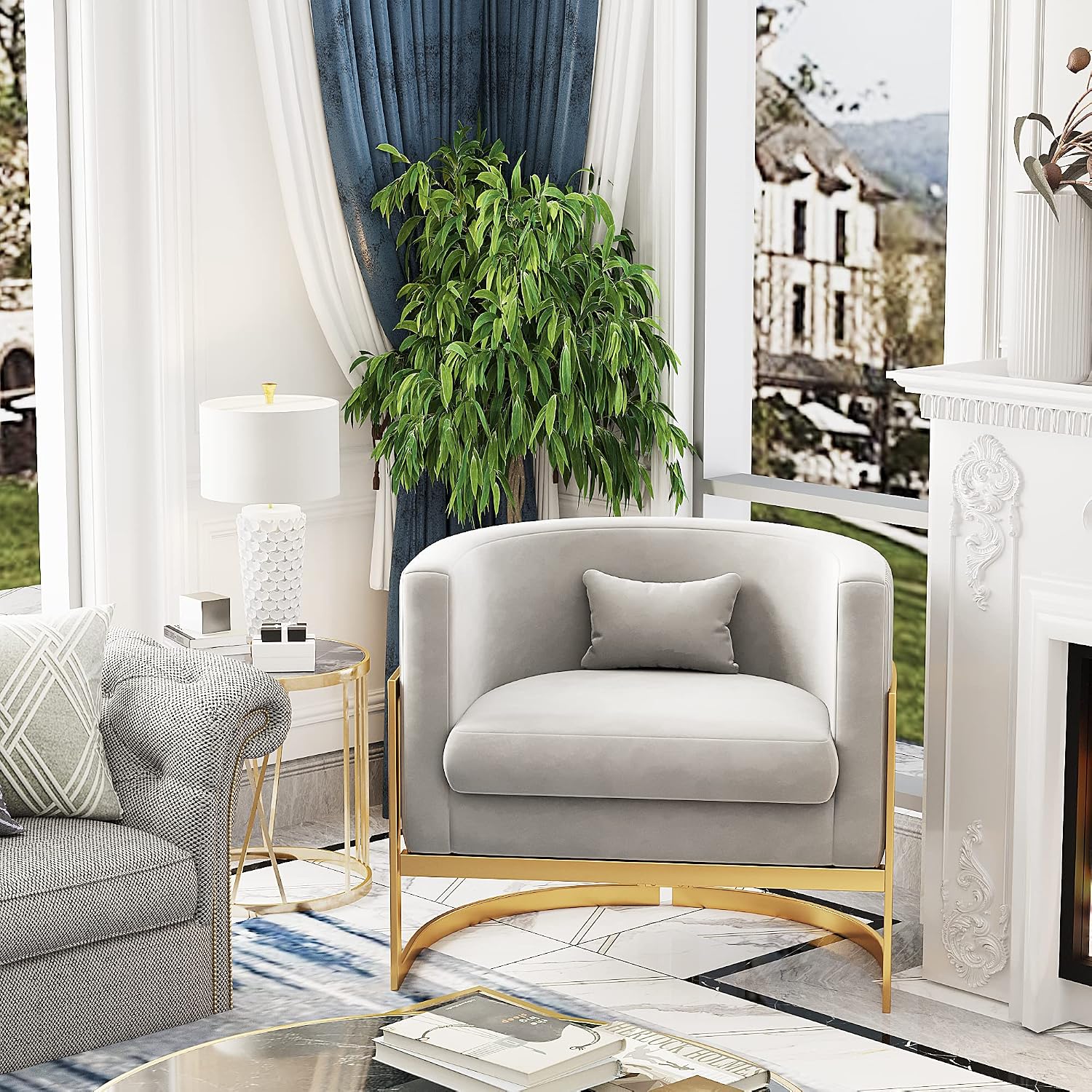 Velvet Accent Chair, Modern Barrel Chair Upholstered Armchair for Living Room Bedroom Single Sofa Chair Club Chairs Gray with Gold Legs